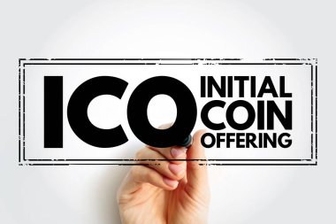ICO Initial Coin Offering - type of funding using cryptocurrencies, acronym text concept stamp