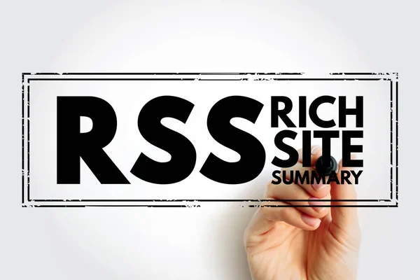 RSS Rich Site Summary - web feed that allows users and applications to access updates to websites in a standardized, computer-readable format, acronym text stamp concept background