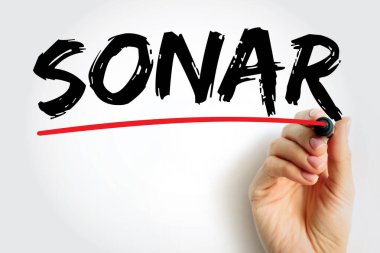 Sonar - technique that uses sound propagation to navigate, measure distances, communicate with or detect objects on or under the surface of the water, acronym text concept background