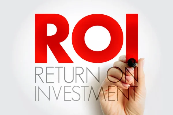 ROI Return On Investment - ratio between net income and investment costs resulting from an investment of some resources at a point in time, acronym text concept for presentations and reports