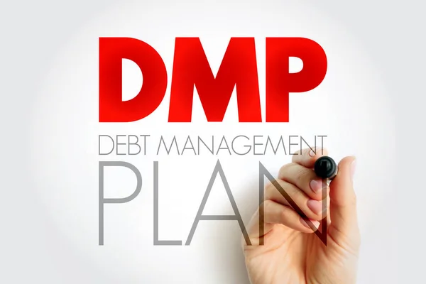 DMP Debt Management Plan - helps you to manage your debts and pay them off at a more affordable rate by making reduced monthly payments, acronym text concept for presentations and reports