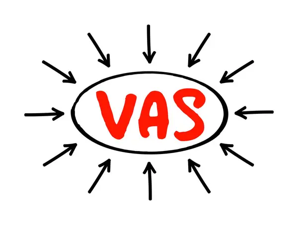 Vas增值服务 Vas Value Added Services 电信行业常用的非核心服务术语 超越了标准语音呼叫 带有箭头的缩略语文本概念 — 图库矢量图片