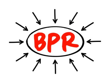 BPR İşletme Yeniden Yapılandırma - üretkenlik, döngü zamanları ve kalitesinde çarpıcı gelişmeler elde etmek için temel iş süreçlerinin yeniden dizayn edilmesi, oklu kısaltma metni