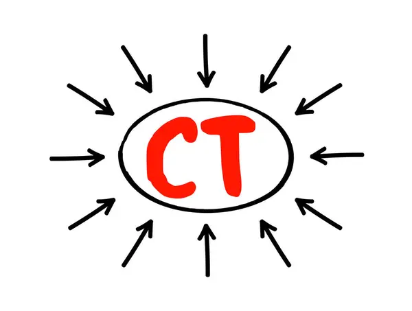 stock vector CT Computed Tomography - medical imaging technique used in radiology to obtain detailed internal images of the body, acronym text concept with arrows