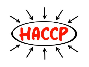HACCP Tehlike Analizi ve kritik kontrol noktaları - biyolojik, kimyasal ve fiziksel zararlardan besin güvenliğine sistematik önleyici yaklaşım, oklarla yazılmış metin kavramı