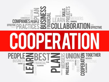 İşbirliği - aynı amaç için birlikte çalışma eylemi veya süreci, kelime bulutu konsepti arka planı