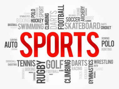 Spor kelime bulut kolajı, hobiler ve eğlence konsepti geçmişi