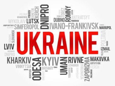 Ukrayna kelime kolajı, iş ve seyahat konsepti geçmişindeki şehirlerin listesi