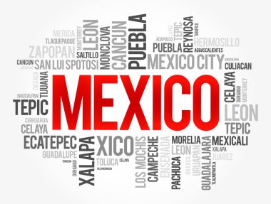 Meksika 'daki şehirlerin ve şehirlerin listesi, kelime bulut kolajı, iş ve seyahat kavramı geçmişi