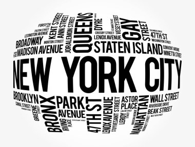 New York sokaklarının listesi, kelime bulut kolajı, iş ve seyahat konsepti geçmişi