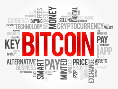 Bitcoin - merkezi dijital para birimi, bir merkez bankası veya tek yönetici olmadan, kelime bulutu konsepti arka planı
