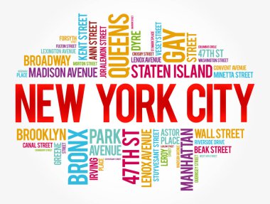 New York sokaklarının listesi, kelime bulut kolajı, iş ve seyahat konsepti geçmişi