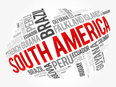 Güney Amerika ülkelerinin listesi, kelime bulut kolajı, iş ve seyahat kavramı
