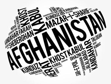 Afganistan 'daki şehirlerin ve şehirlerin listesi, kelime bulut kolajı, iş ve seyahat kavramı geçmişi
