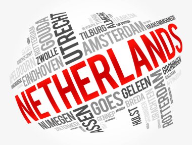 Hollanda 'daki şehirlerin ve şehirlerin listesi, kelime bulut kolajı, iş ve seyahat kavramı geçmişi
