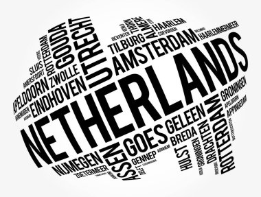 Hollanda 'daki şehirlerin ve şehirlerin listesi, kelime bulut kolajı, iş ve seyahat kavramı geçmişi