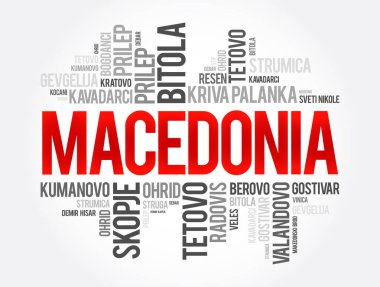Makedonya Cumhuriyeti 'ndeki kent ve kasabaların listesi, kelime bulut kolajı, iş ve seyahat kavramı