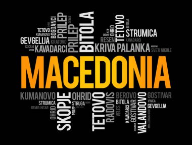 Makedonya Cumhuriyeti 'ndeki kent ve kasabaların listesi, kelime bulut kolajı, iş ve seyahat kavramı