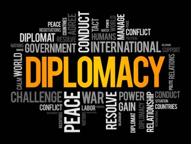 Diplomasi - uluslararası ilişkileri yönetme becerisi, genel olarak bir ülkenin yurtdışındaki temsilcileri tarafından, kelime bulutu konsepti geçmişi