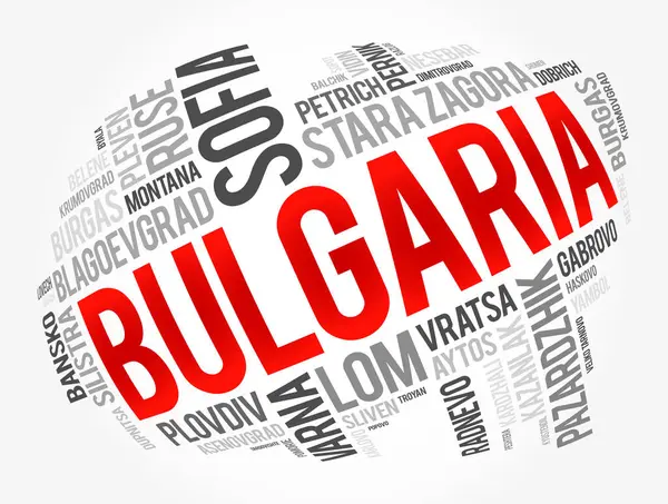 Lijst Van Steden Dorpen Bulgarije Word Cloud Collage Zakelijke Reisconcept — Stockvector