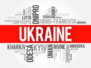 Ukrayna kelime kolajı, iş ve seyahat konsepti geçmişindeki şehirlerin listesi