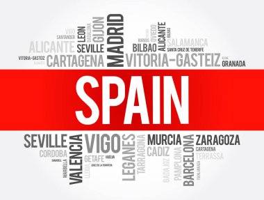 İspanya 'daki şehirlerin listesi kelime bulutu, İspanyol belediyeleri, iş ve seyahat kavramı geçmişi