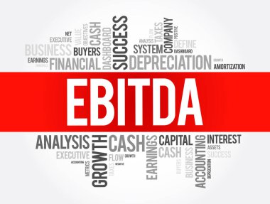 EBITDA (faizden önce gelir, vergiler, değer kaybı ve amortisman) kelime bulut kolajı, iş konsepti geçmişi