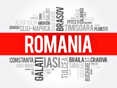 Romanya 'daki şehirlerin listesi kelime kolajı, iş ve seyahat kavramı geçmişi