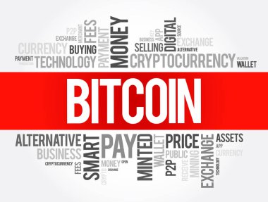 Bitcoin - merkezi dijital para birimi, bir merkez bankası veya tek yönetici olmadan, kelime bulutu konsepti arka planı