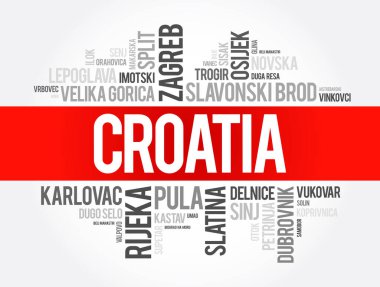 Hırvatistan 'daki şehir ve kasabaların listesi, kelime bulut kolajı, iş ve seyahat kavramı geçmişi
