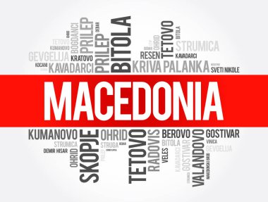 Makedonya Cumhuriyeti 'ndeki kent ve kasabaların listesi, kelime bulut kolajı, iş ve seyahat kavramı