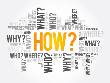 Nasıl? Soru kelime ve soruların cevapları bilgi toplama ya da problem çözmede temel kabul edilir, kelime bulutu arka planı