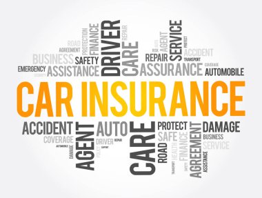 Araba sigortası kelimesi bulut kolajı, iş konsepti geçmişi