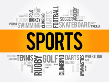 Spor kelime bulut kolajı, hobiler ve eğlence konsepti geçmişi