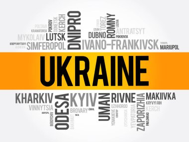Ukrayna kelime kolajı, iş ve seyahat konsepti geçmişindeki şehirlerin listesi