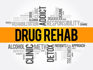 Uyuşturucu rehabilitasyon kelimesi bulut kolajı, sağlık konsepti geçmişi