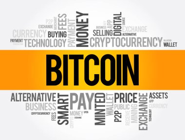 Bitcoin - merkezi dijital para birimi, bir merkez bankası veya tek yönetici olmadan, kelime bulutu konsepti arka planı