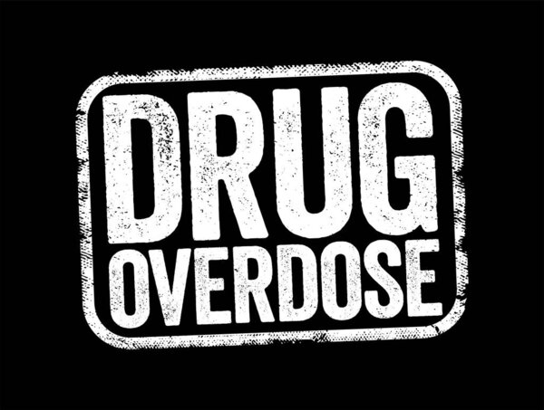 Drug Overdose is the application of a drug or other substance in quantities much greater than are recommended, text stamp concept background