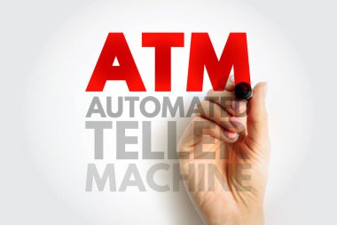 ATM Otomatik Teller Machine - elektronik bankacılık prizleri insanların bir bankaya girmeden işlemleri tamamlamasına izin verir, kısaltma metin kavramı arka planı