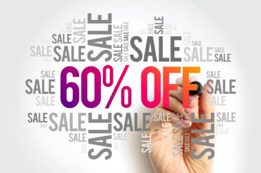 % 60 indirimli kelime bulut kolajı, iş konsepti geçmişi