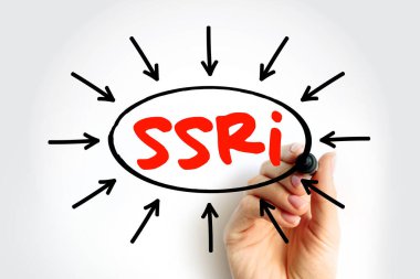 SSRI Seçici Serotonin Alma Engelleyici - büyük depresif bozuklukların tedavisinde antidepresan olarak kullanılan ilaçlar sınıfı, oklu kısaltma metni