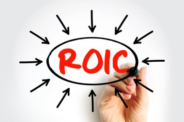 ROIC Return on Invested Capital - ratio used in finance, valuation and accounting, as a measure of the profitability, acronym text with arrows clipart
