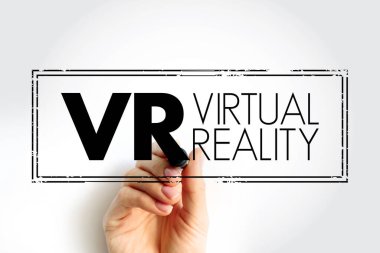 VR Sanal Gerçeklik - gerçek gibi görünen sahneler ve nesnelerle bilgisayar tarafından oluşturulan ortam, kısaltma metin kavramı damgası