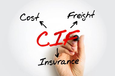 CIF Cost Insurance Freight - seller delivers their part of the contract when the goods pass the ship's rail in the port of shipment, acronym text concept background