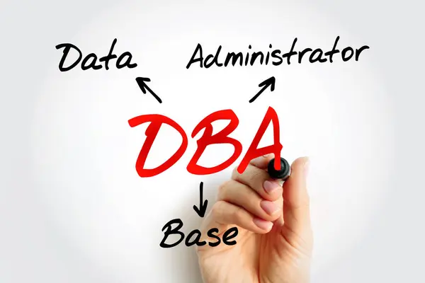 stock image DBA Database Administrator - information technician responsible for directing or performing all activities related to maintaining performance and security of a database, acronym text