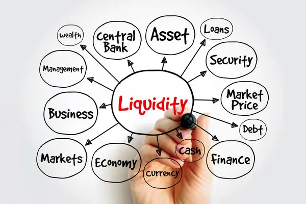 stock image Liquidity - efficiency with which an asset or security can be converted into ready cash without affecting its market price, mind map concept background