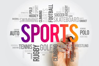 Spor kelime bulut kolajı, hobiler ve eğlence konsepti geçmişi