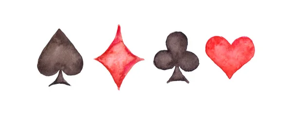 stock image Watercolor illustration set of playing cards suits: spades, hearts, clubs and diamonds. Handdrawn water color red and black drawing on white background, cutout clip art elements for design decoration.