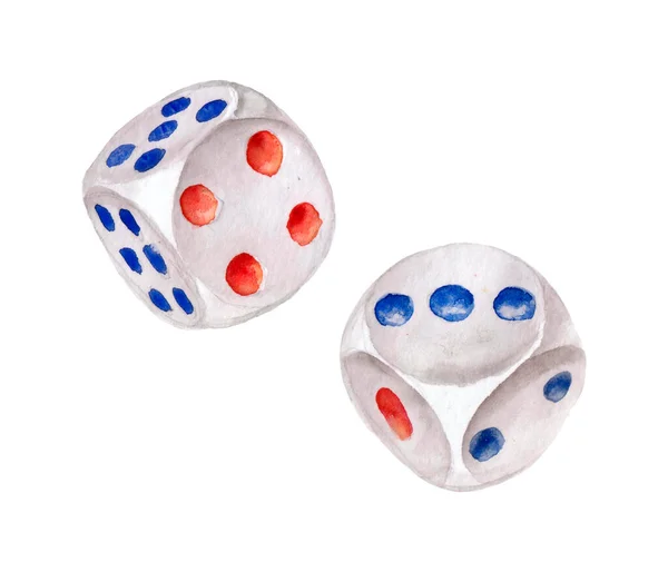 Close Two Watercolor Rolling Snake Eyes Dice Blue Red Markings — Stock Photo, Image