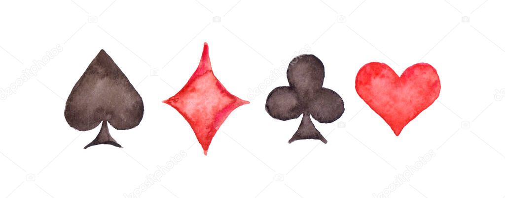 Watercolor illustration set of playing cards suits: spades, hearts, clubs and diamonds. Handdrawn water color red and black drawing on white background, cutout clip art elements for design decoration.